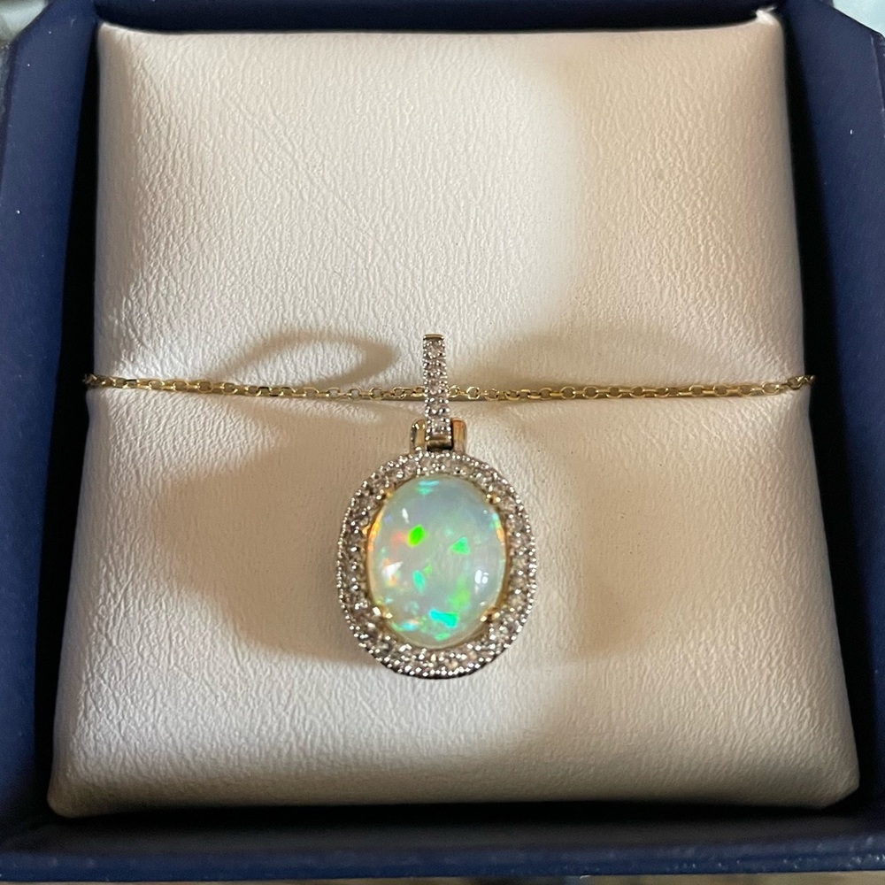 14k Gold Chain Necklace with Diamond Halo and Oval Opal Pendant